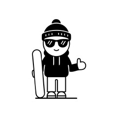 Cute winter character wearing hoodie, hat, and sunglasses holding a snowboard and giving thumbs up, symbolizing fun, confidence, and winter sports spirit.