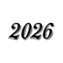 Elegant 2026 typography in vintage black style with dynamic line shadows, perfect for posters, new year greetings, and modern minimalist design projects.