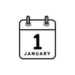 Clean black and white calendar page showing January 1st, representing New Year’s Day, fresh beginnings, and planning for the year ahead.