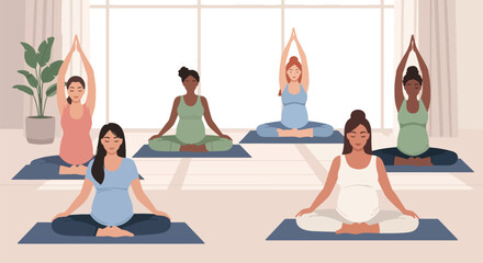 Adobe illustrator artwork vector illustration of a diverse group of pregnant women performing various yoga poses in a bright studio, emphasizing health, wellness, and prenatal fitness