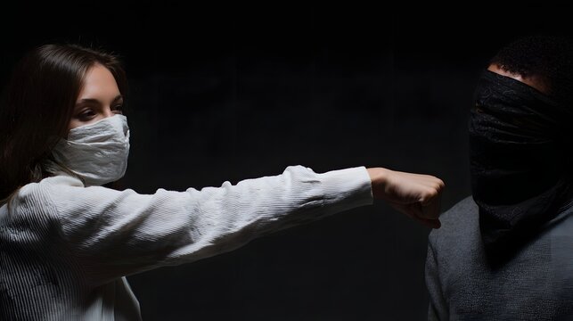 Masked woman s fist gesture towards blindfolded person in dramatic lighting