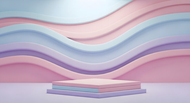 Abstract pink, blue, and purple wavy background with a square pedestal stage. Ideal 3D mockup for beauty, cosmetic, or minimal product presentations. AI-Generated Design.