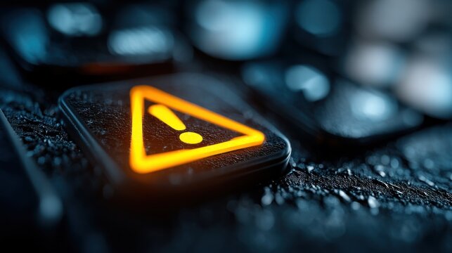 A close-up of a keyboard key featuring an illuminated warning symbol, emphasizing caution and alerts in a digital context.