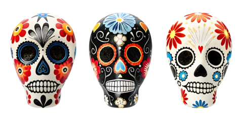 colorful decorated skulls isolated on white background png, ai generated