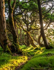 Obraz premium A sunlit forest path is framed by the twisted branches of mature trees, creating a serene and inviting nature scene