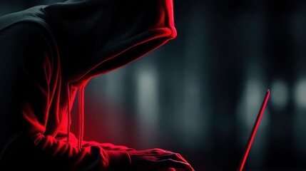 A shadowy figure in a hoodie is illuminated by red light, intently focused on a laptop, evoking themes of secrecy and technology.