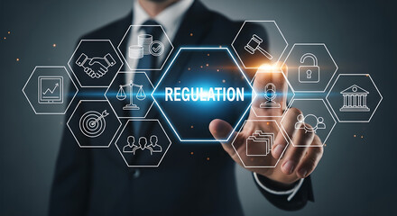 Regulation Compliance Governance Businessman Hand Holographic Interface Copy Space