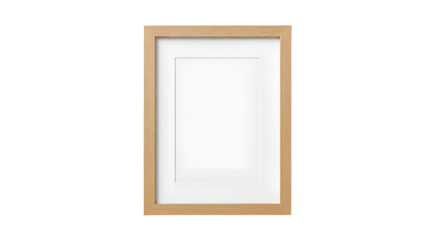 A simple wooden picture frame with a white mat, isolated on a transparent background, ready for custom artwork or photography