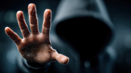 A shadowy figure in a hood reaches out with a hand, covered in a sparkling pattern, suggesting mystery and technology.