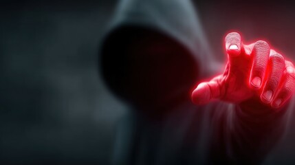A shadowy figure in a hood reaches out with a glowing red hand against a dark background, evoking a sense of mystery and intrigue.