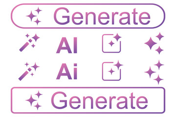 AI generated icon on white background. AI generate button and AI star and square icon. Artificial intelligence and Machine learning icon button concept in trendy neumorphic style. Generative AI logo 