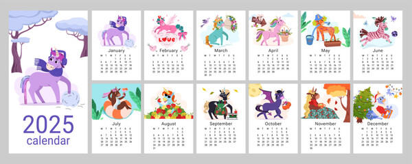 2026 calendar with cute unicorn vector illustrations for each month. 12 vertical pages with Chinese New Year symbol. Colorful and playful horse characters representing different seasons and holidays. © Anastasiia