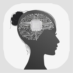 Stylized Human Head with Circuit Brain Representing Artificial Intelligence, Digital Cognition, and Tech-Enhanced Thinking