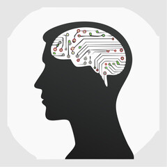 Stylized Human Head with Circuit Brain Representing Artificial Intelligence, Digital Cognition, and Tech-Enhanced Thinking