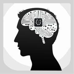 Stylized Human Head with Circuit Brain Representing Artificial Intelligence, Digital Cognition, and Tech-Enhanced Thinking