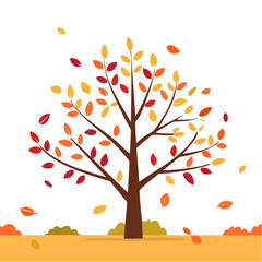 Stylized Autumn Tree with Falling Leaves in Orange, Red, and Yellow on White Background Representing Seasonal Change