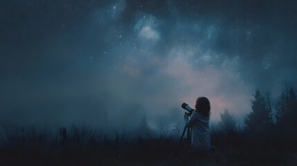 A child observes the vast star filled night sky through a telescope
