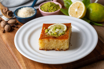 Revani - sweet semolina cake with pistachio, traditional turkish dessert