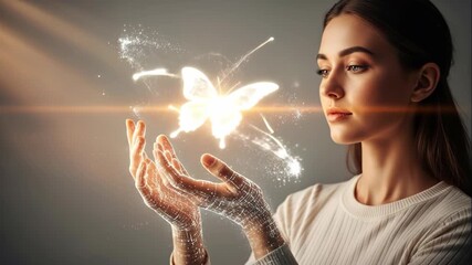 Woman with digital hands interacting with a glowing butterfly. Augmented reality and mixed reality futuristic technology footage. - Powered by Adobe