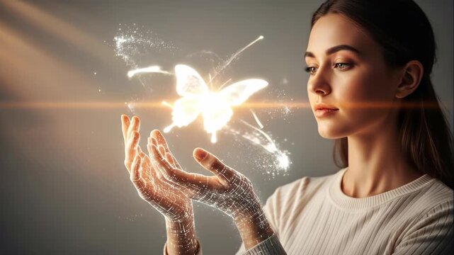 Woman with digital hands interacting with a glowing butterfly. Augmented reality and mixed reality futuristic technology footage.