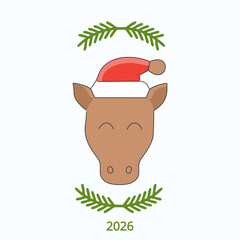 A friendly brown horse with a Santa hat, frame of evergreen branches. Symbol of new year 2026. Seasonal Flat illustration. Minimalistic icon for greeting cards, social media posts, banners, promotion