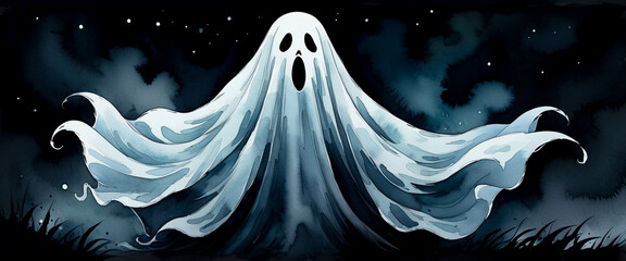 A watercolor ghost with a surprised expression under night sky. Halloween ghost illustration surrounded by dark mist and stars. Spooky white sheet ghost in eerie nighttime scene.