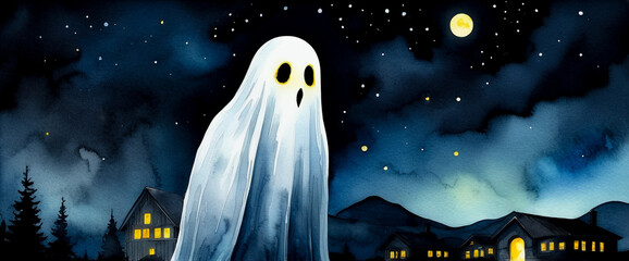 A ghost standing under a moonlit night sky in watercolor. Halloween ghost illustration with houses lit below. Simple white sheet ghost with black eyes in night scene. 