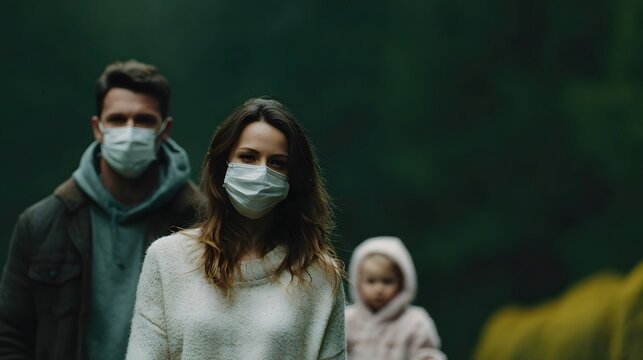 A family wearing face masks takes a walk outdoors in a park emphasizing protection and health - Powered by Adobe