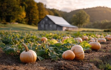 Beautiful pumpkin patch with a rustic barn surrounded by fields at sunset