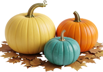 Three pumpkins of different sizes and colors, one yellow, one orange, and one teal, nestled on a bed of fallen autumn leaves, isolated on transparent background