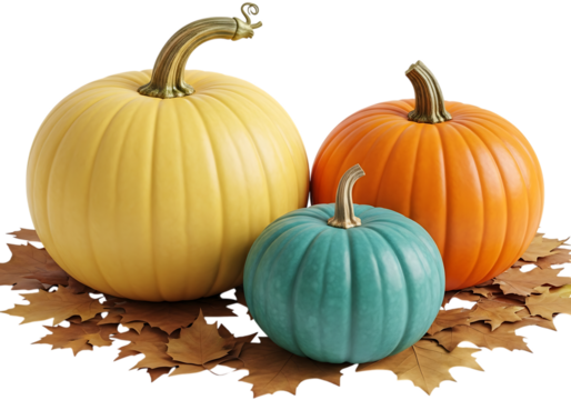 Three pumpkins of different sizes and colors, one yellow, one orange, and one teal, nestled on a bed of fallen autumn leaves, isolated on transparent background