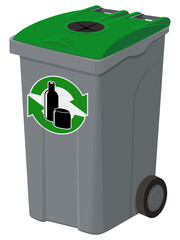 Gray wheelie bin with a green lid, clearly marked with a recycling symbol for glass bottles and cans (cut out)
