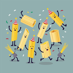 Fun National Pasta Day vector art featuring spaghetti twirling, pasta ingredients flat lay, heart-shaped noodles, cartoon pasta characters in solid colors