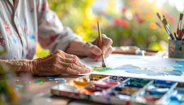 A retired elderly woman spends her free time doing art.	 - Powered by Adobe