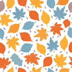 Fototapeta premium Seamless Pattern of Colorful Autumn Leaves Featuring Maple, Oak, and Chestnut Shapes on White Background