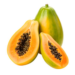 Fresh and ripe papaya fruit cut in half isolated on transparent background