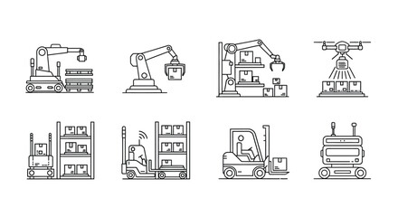 Modern industrial machinery and logistics equipment line art icons set for manufacturing and automation vector