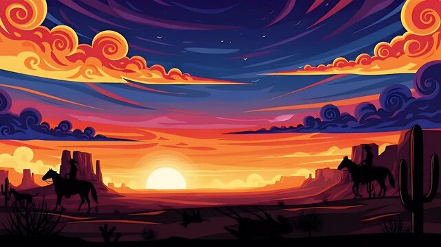 Cowboy riding horse silhouette against sunset sky western landscape illustration