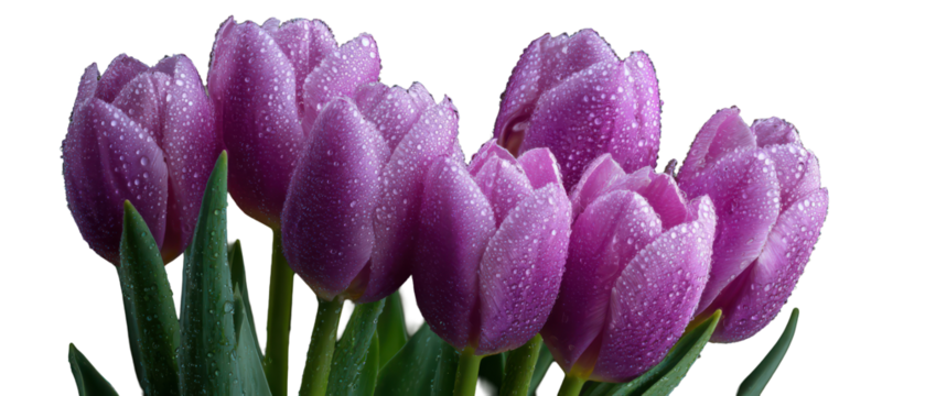 Fresh Pink Tulips with Dew Drops on Green Leaves in Bright Light Isolate on Transparent Background, png