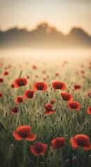 Fototapeta premium Tranquil sunrise with blooming red poppies in misty field for nature decor or poster design