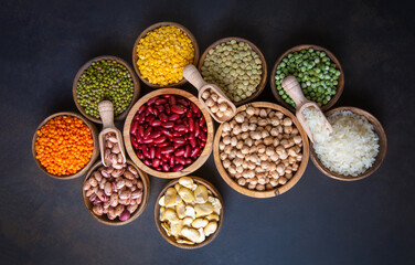 Legumes, a set consisting of different types of beans, lentils and peas