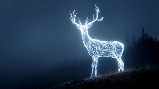 Glowing deer silhouette on a hill against a dark foggy background