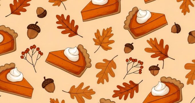Seamless pattern with pumpkin pie leaves and acorns for Thanksgiving autumn background