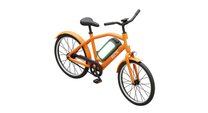 Detailed orange electric bicycle illustration with battery handlebars and wheels on transparent background
