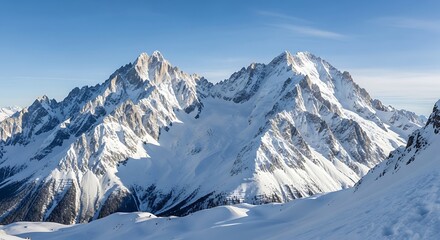 Naklejka premium Stunning panorama snow-covered mountains, sunlit peaks, winter sports backdrop, breathtaking alpine landscape, serene mountain range vista