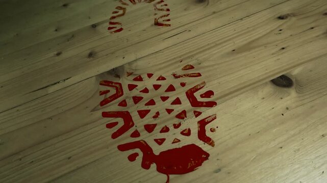 Detailed close up view of a blood red or bloody boot shoeprint on a wooden pine or spruce yellow flooring indoors at a house or apartment at evening time. Crime scene evidence.