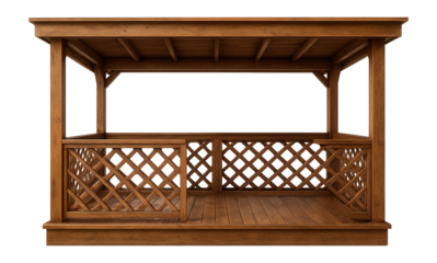 A cottage wooden veranda with a lattice railing, classic rectangular shape, and slatted