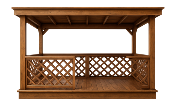 A cottage wooden veranda with a lattice railing, classic rectangular shape, and slatted