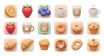 Collection of colorful fruit pastries and coffee icons on transparent background