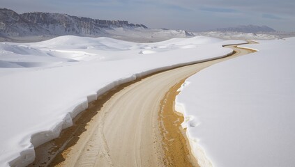 Winding road through snowy mountain landscape under a hazy sky